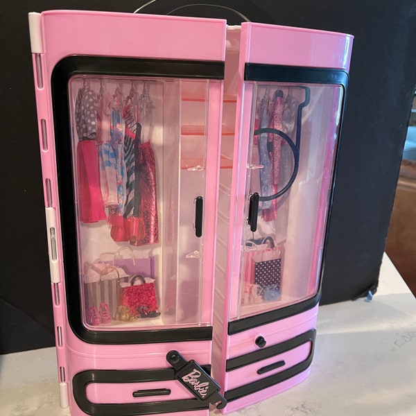 Vintage Pink Barbie  doll Accessory  trunk case storage Barbie mattel Pink White Wardrobe Clothing Closet w Hanger Extension Rack