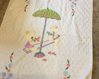 Vintage Baby quilt Hand Embroidered apliqued bears nursery teeter totter design