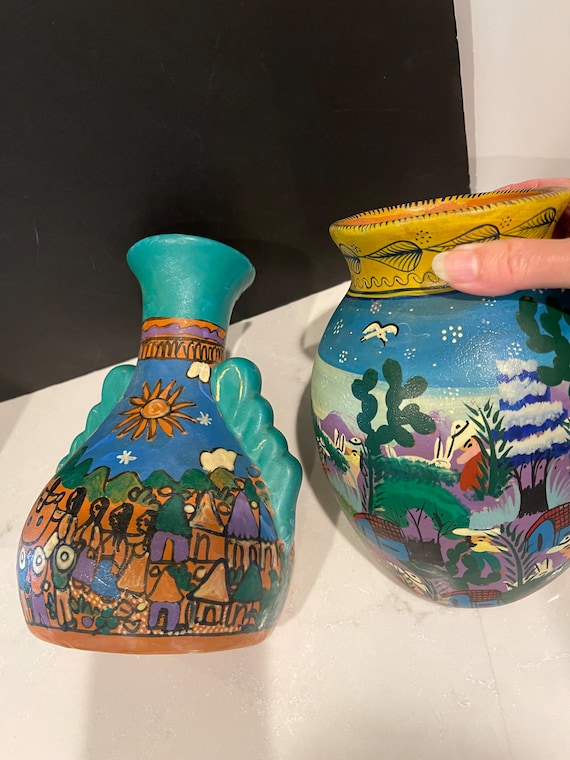 工芸品 Mexico pottery Vintage Colorful Hand-painted Terracotta Red Clay Pottery Mexican