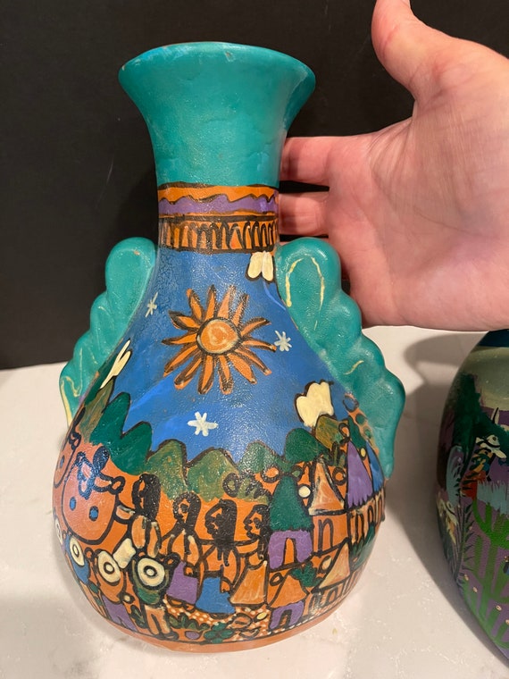 Vintage Colorful Hand-painted Terracotta Red Clay Pottery Mexican