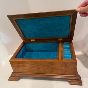 Wood Vintage  Jewelry Box with blue velvet padded inside