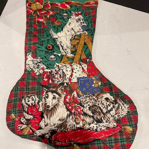 Vintage fabric quilted dog Christmas stocking