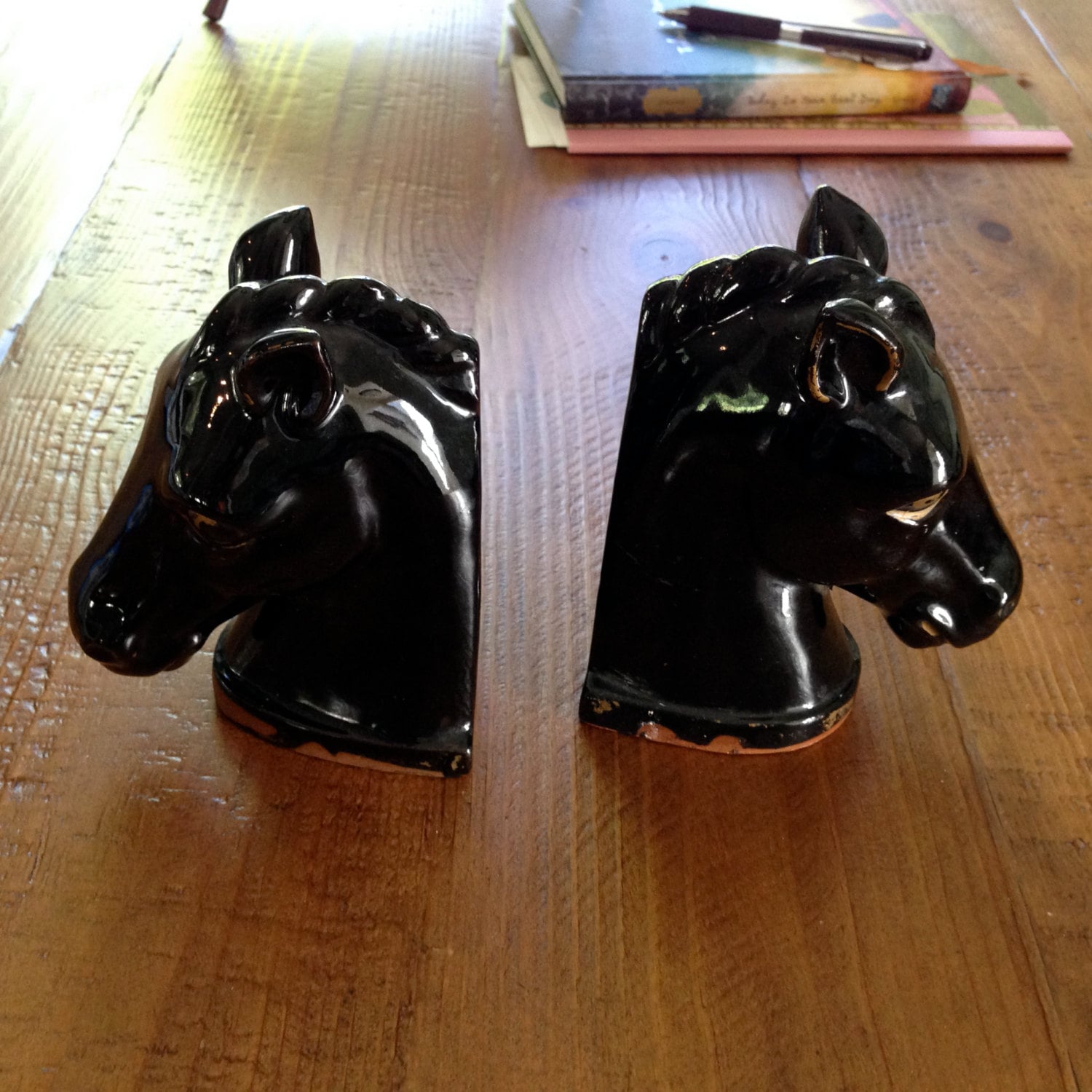 Vintage Equestrian Horse Head Bookends Mid Century Black Stallion Kitschy