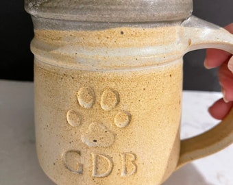 Stoneware pottery  mug  dog paw print initials front drip glaze coffee tea