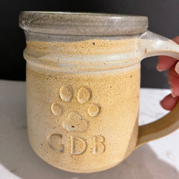 Stoneware pottery  mug  dog paw print initials front drip glaze coffee tea