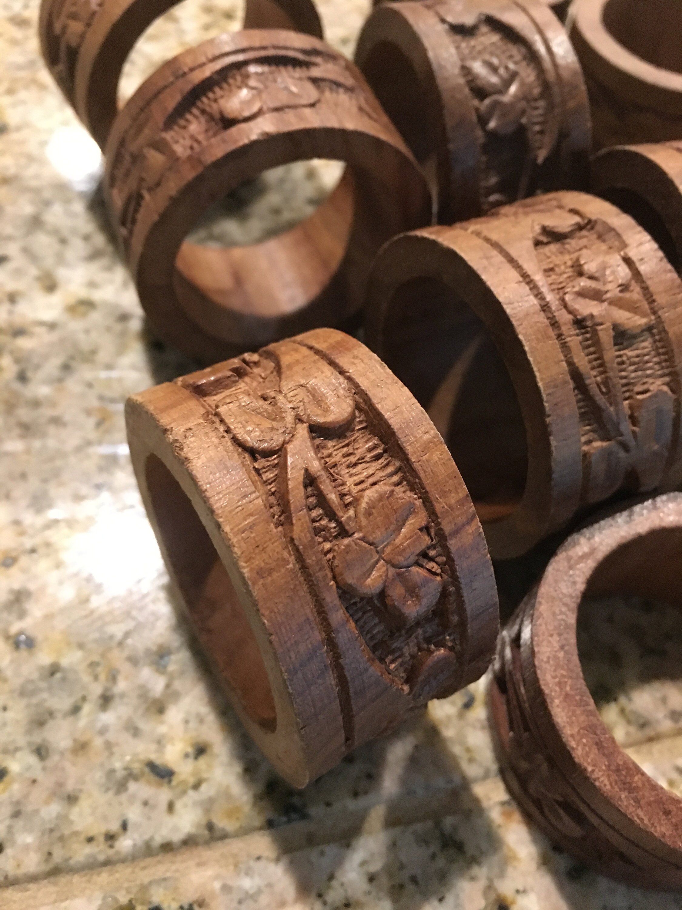 9 WOOD Napkin rings  vintage carved tableware