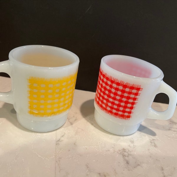 2 Anchor Hocking Stackable Fire King Mugs Milk Glass plaid