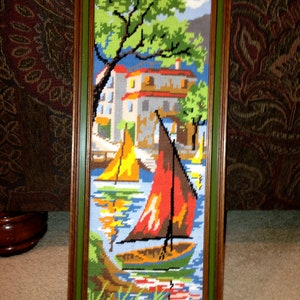 Modern Art Needlepoint SAILBOAT bright colors vintage Mod Mid Century art