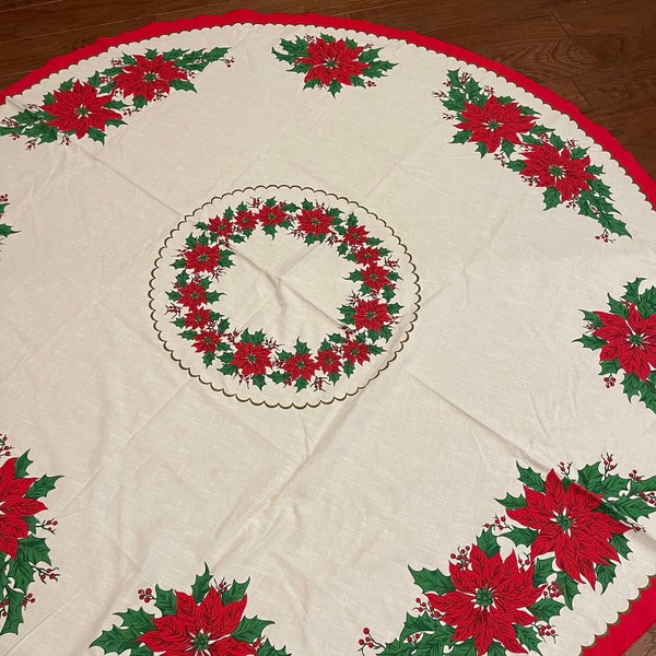 Vintage 1960s round white cotton floral Christmas tablecloth - Xmas red poinsettias green ivy red berries - retro