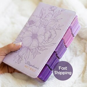 Purple leather King James Version Bible personalized with engraved name for women, featuring pink page tabs, durable binding, and elegant Christian styling, perfect for gifting on birthdays, confirmations, baptisms, holidays, or spiritual milestones