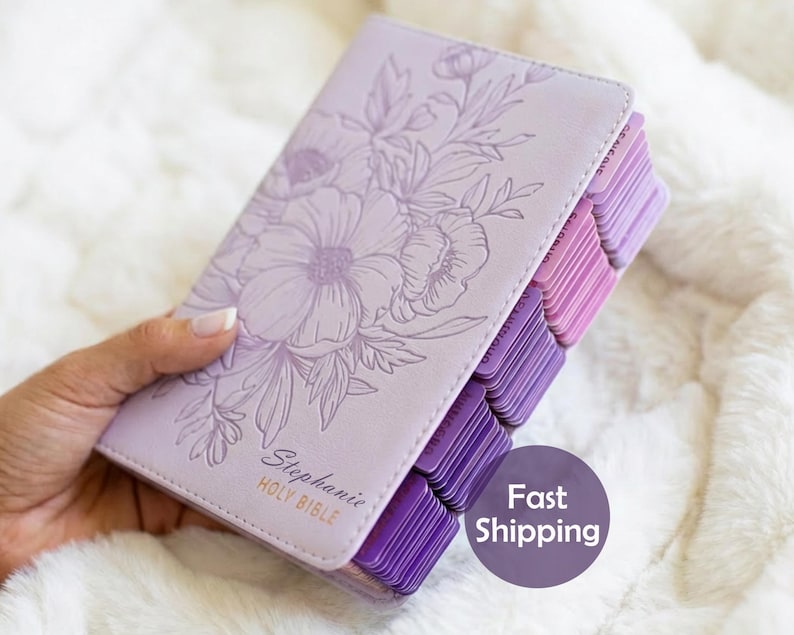 Purple leather King James Version Bible personalized with engraved name for women, featuring pink page tabs, durable binding, and elegant Christian styling, perfect for gifting on birthdays, confirmations, baptisms, holidays, or spiritual milestones