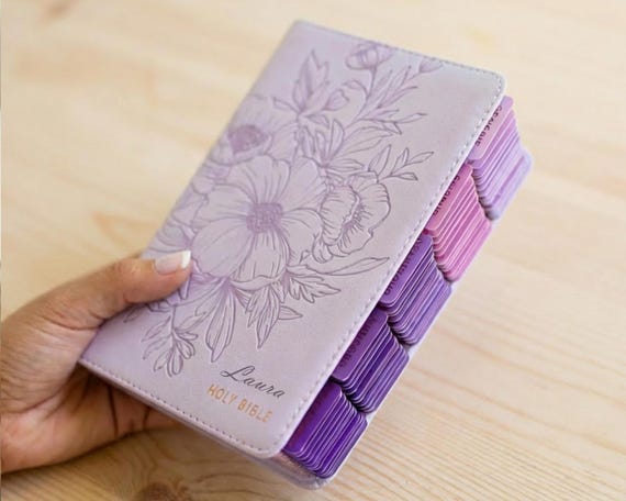 Women’s KJV Bible Purple Leather Personalized Engraved Name Pink Tabs Custom Christian Gift for Her Baptism or Devotional Use