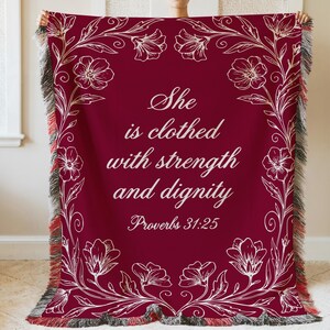 She Is Clothed with Strength and Dignity Proverbs 31 25 Christian Blanket Throw Brown Botanical Scripture Throw Woven Blanket Gift Women
