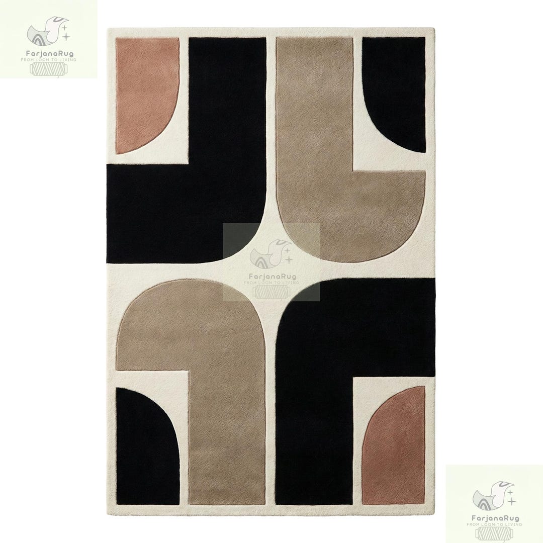 Round Arch Rug Luxury Modern Geometric Arch Rug – Black, Beige & Blush Abstract Soft ...