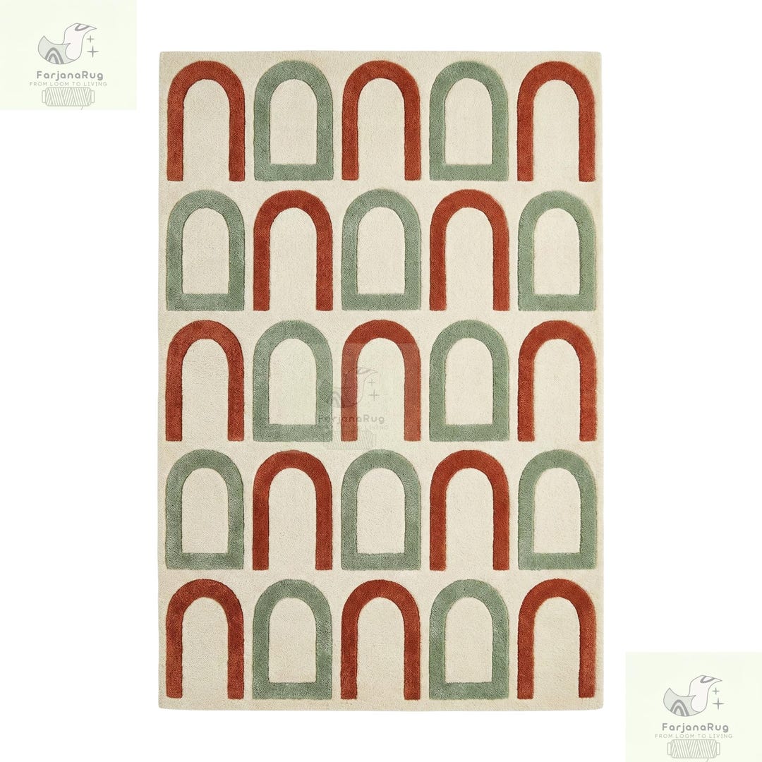 Arches Pattern Rug Modern Arch Pattern Luxury Rug – Terracotta & Sage Green on Ivory ...