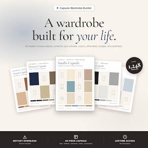 May include: An advertisement for a capsule wardrobe builder. The image shows cards with outfit ideas and colour palettes. Text includes "A wardrobe built for your life" and "40-piece capsule". The image also includes the text "Lifetime Access."