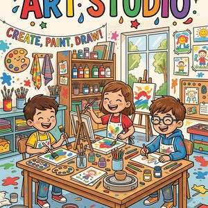 Op de afbeelding: Kleurrijke illustratie van een kunstatelier met drie kinderen die aan een houten tafel schilderen. De woorden "ART STUDIO" staan hierboven, met "CREATE, PAINT, DRAW!" eronder. Verfbenodigdheden en kunstwerken zijn zichtbaar.