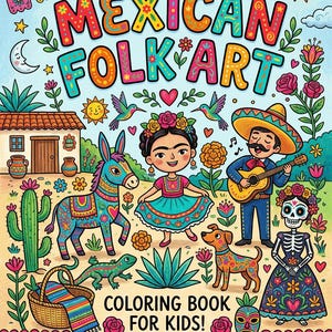 May include: A colorful illustration for a coloring book titled "Mexican Folk Art" featuring a variety of Mexican cultural elements. The image includes a donkey, a woman, a man playing guitar, a dog, and a skeleton, all in vibrant colors.