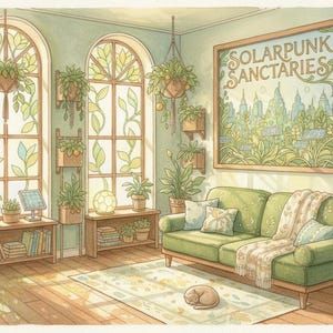 May include: Watercolor illustration of a sunlit living room with a green sofa, plants, and a framed artwork that reads "SOLARPUNK SANCTUARIES." The room features large arched windows, wooden shelves, and a sleeping cat on the rug. The color palette is soft greens and browns.