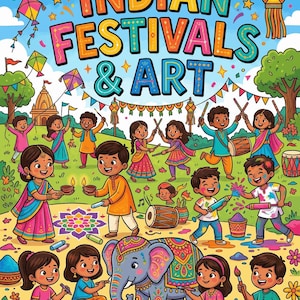May include: Colorful illustration titled "INDIAN FESTIVALS & ART" featuring children celebrating with kites, drums, and paint. An elephant is decorated with patterns. The image has a festive, celebratory theme with bright colors.