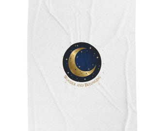 Moon & Stars Velveteen Blanket | Celestial Night Sky, gold crescent constellation