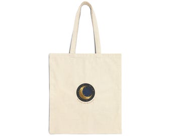 Crescent Moon Emblem Tote | Celestial Night Sky, gold cream constellation