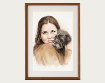 Custom Watercolor Pet and Owner Portrait, Memorial Art (Digital Download)