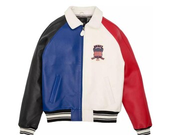 Avirex-Style White Leather Varsity Jacket | USA Patch Bomber | Men’s Vintage Streetwear | Gift for Him