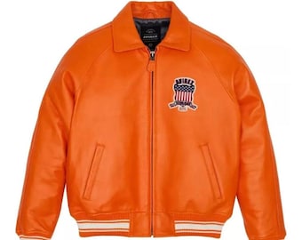 Orange Leather Varsity Bomber Jacket | USA Patch, Retro Streetwear