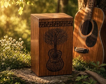 Personalized Guitar Tree of Life Wooden Urn – Engraved Music Memorial Box