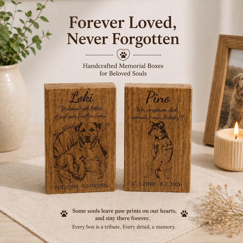 Puede incluir: Dos cajas conmemorativas rectangulares de madera con retratos de mascotas grabados y texto. La caja izquierda muestra el nombre Loki con fechas y una ilustraci&oacute;n de perro. La caja derecha muestra el nombre Pino con fechas y una ilustraci&oacute;n.