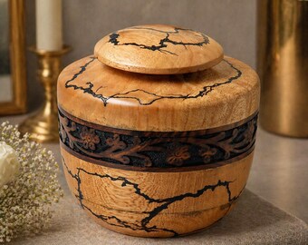 Handcrafted Wooden Memorial Urn – Elegant Floral Design for Human Ashes & Pet Remembrance”