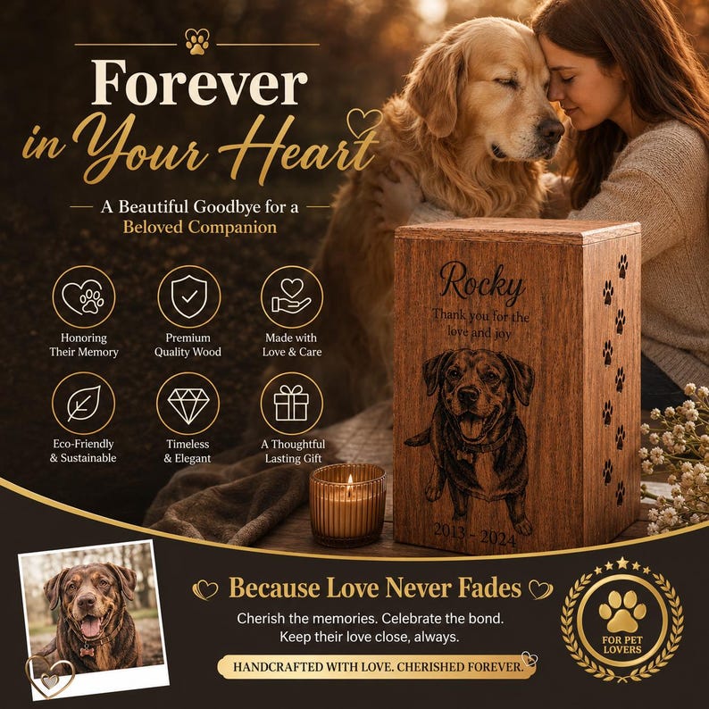 Puede incluir: Una urna rectangular de madera para mascotas con el retrato grabado de un perro, el nombre Rocky y las fechas 2013-2024. El panel lateral muestra una fila vertical de huellas. La urna se acompa&ntilde;a de un peque&ntilde;o portavelas de cristal con una vela.