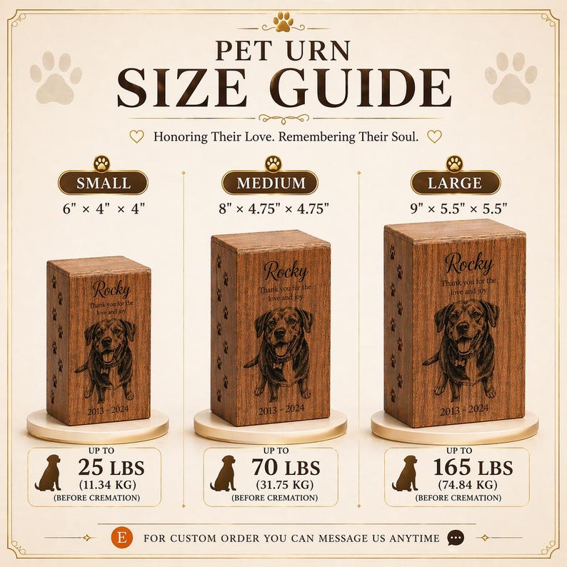 Puede incluir: Una gu&iacute;a de tama&ntilde;os para urnas de mascotas con tres urnas rectangulares de madera etiquetadas como peque&ntilde;a, mediana y grande. Cada urna muestra un retrato de perro, el nombre Rocky y las fechas 2013-2024. Dimensiones: 15,2x10,2x10,2 cm, 20,3x12,1x12,1 cm y 22,9x14x14 cm.