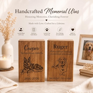 Puede incluir: Dos urnas funerarias rectangulares de madera con retratos de mascotas y texto grabado. La urna izquierda dice Cooper, My Heart Forever Holds You, 2016-2026. La urna derecha dice Ruger, If love could have saved you, you would have lived Forever, June 13, 2017 - July 6, 2026.