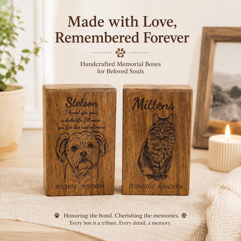Puede incluir: Dos cajas conmemorativas rectangulares de madera con retratos y texto grabados. La caja izquierda muestra un perro llamado Stetson con las fechas 9/1/2014 - 9/9/2026. La caja derecha muestra un gato llamado Mittens con las fechas 12/26/2012 - 6/26/2026.