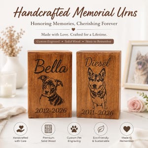 Puede incluir: Dos urnas funerarias rectangulares de madera maciza con grabados l&aacute;ser personalizados. La urna izquierda muestra el nombre Bella con las fechas 2012-2026 y un retrato de perro. La derecha muestra el nombre Diesel, 2011-2026 y un retrato de perro.