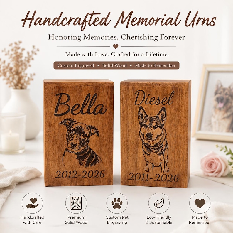 Puede incluir: Dos urnas funerarias rectangulares de madera maciza con grabados l&aacute;ser personalizados. La urna izquierda muestra el nombre Bella con las fechas 2012-2026 y un retrato de perro. La derecha muestra el nombre Diesel, 2011-2026 y un retrato de perro.