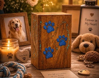 Personalized Indian Rosewood Pet Urn, Resin Paw Prints Memorial Ashes Box