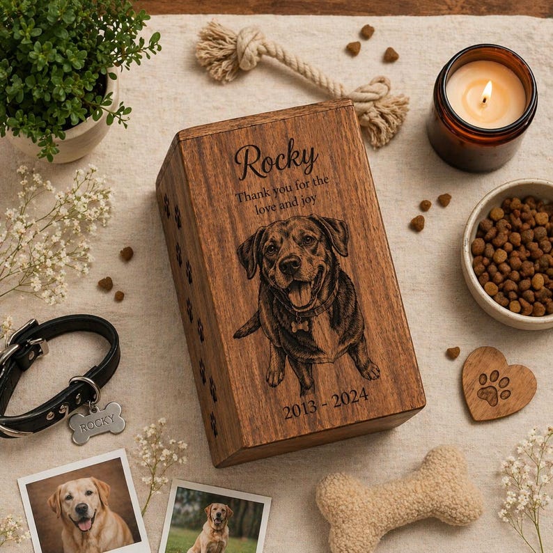 Puede incluir: Una caja conmemorativa rectangular de madera para mascotas con un retrato de perro grabado a l&aacute;ser, el nombre Rocky, el texto Thank you for the love and joy y los a&ntilde;os 2013-2024. La caja est&aacute; decorada con huellas de patas en el lateral.