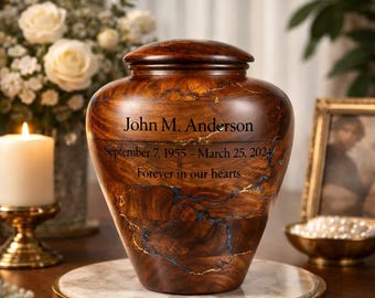 Handmade Wooden Cremation Urn | Brown Gold Marbled Keepsake Ashes Box