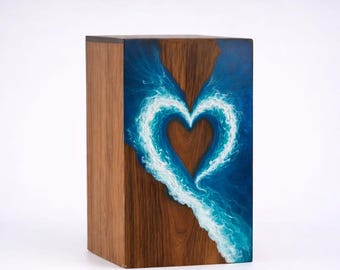 Personalized Wooden Urn, Heart Shaped Resin Memorial Urn, Handmade Cremation Box for Ashes