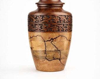 Handcrafted Mango Wood Urn – Rosewood Carving, Fractal Burn Pattern, Secure Lid