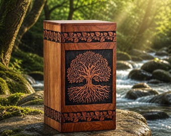 Handcrafted Rosewood Tree of Life Cremation Urn, Engraved Memorial Keepsake Box