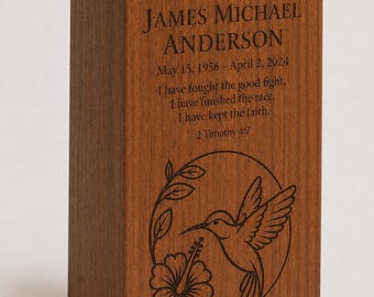 Personalized Wooden Cremation Urn Box for Ashes | Custom Engraved Memorial Urn with Hummingbird Design| Handmade Keepsake Urn for Loved Ones