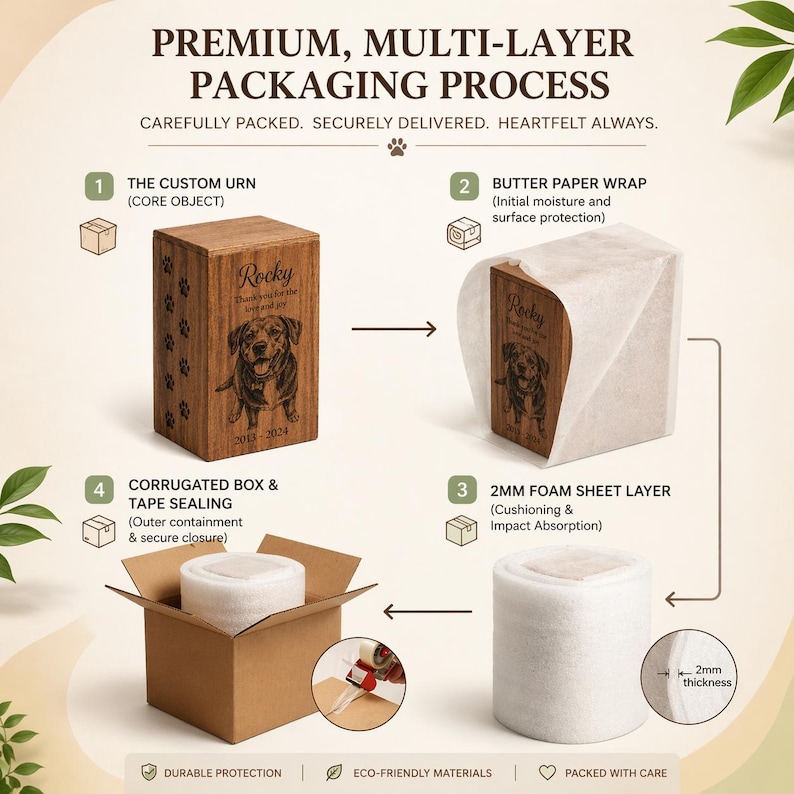Puede incluir: Una infograf&iacute;a titulada Premium, Multi-Layer Packaging Process que muestra cuatro pasos: una urna de madera con grabado de perro, papel de mantequilla, una capa de espuma de 2 mm y una caja de cart&oacute;n corrugado sellada con cinta para env&iacute;o seguro.
