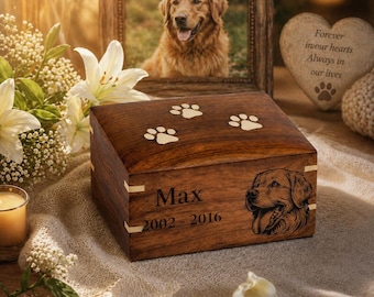 Personalized Indian Rosewood Pet Urn, Custom Engraved Dog Memorial Box, Handmade Cremation Keepsake