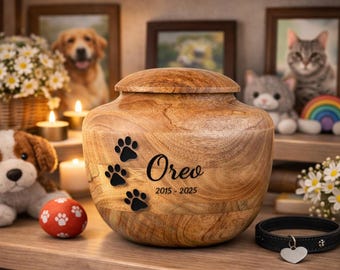 Urna para mascotas de madera de mango grabada a medida / Recuerdo conmemorativo personalizado para perros y gatos