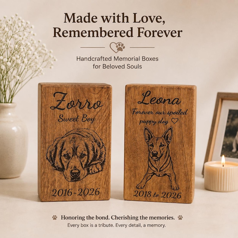 Puede incluir: Dos cajas conmemorativas rectangulares de madera con retratos de perros grabados con l&aacute;ser. La caja izquierda tiene grabados Zorro, Sweet Boy y 2016-2026. La caja derecha tiene grabados Leona, Forever our spoiled puppy dog y 2018 to 2026.