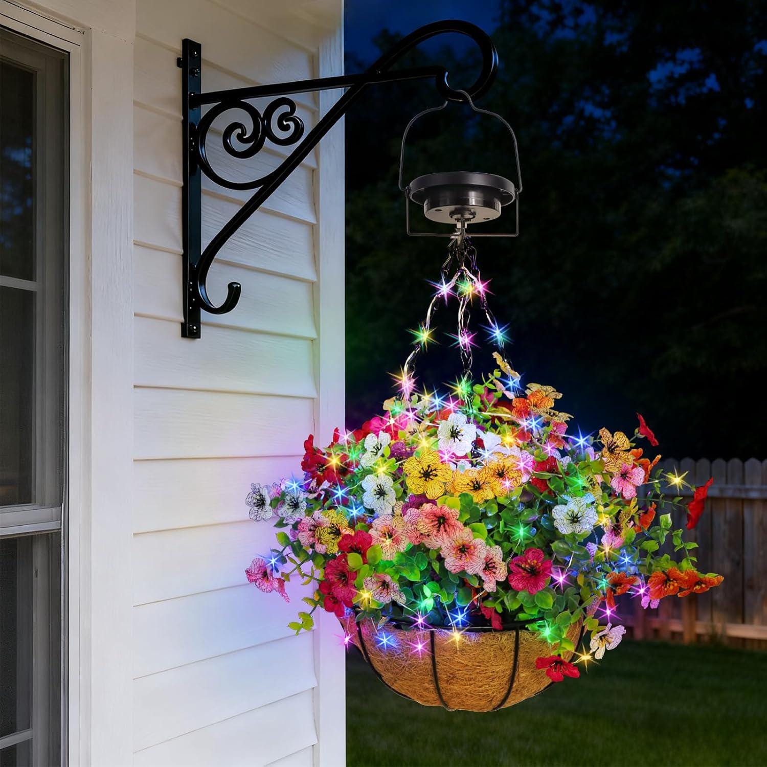 Hanging Basket With Artificial Flowers, Outdoor Fake Plants With Solar ...